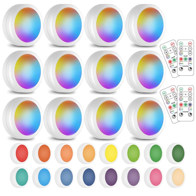 SIXDEFLY Wireless 16 Color Changing LED Puck Light 12 Pack LED Under Cabinet Lighting Closet Light Battery Powered Night Lights with Remote Control Dimmer & Timing Function - Image 1